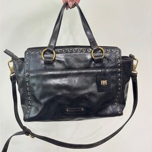 NWT Frye Victoria stud satchel bag,Black Leather Shoulder Bag with Gold Hardware